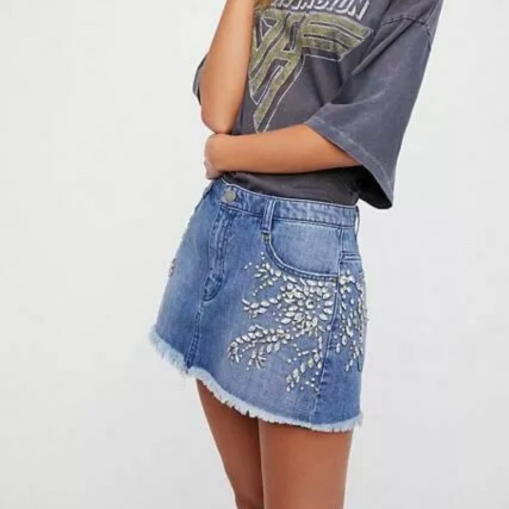 NWT Free People Rhinestone Denim Mini Skirt